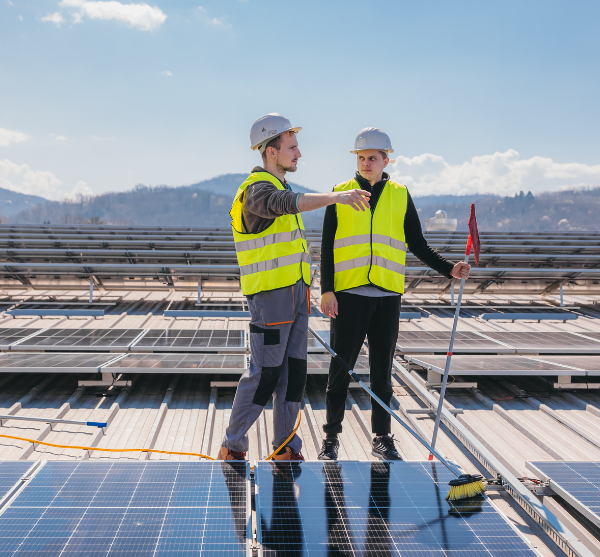 Equipo de limpiadores de paneles solares profesionales limpiando paneles solares.